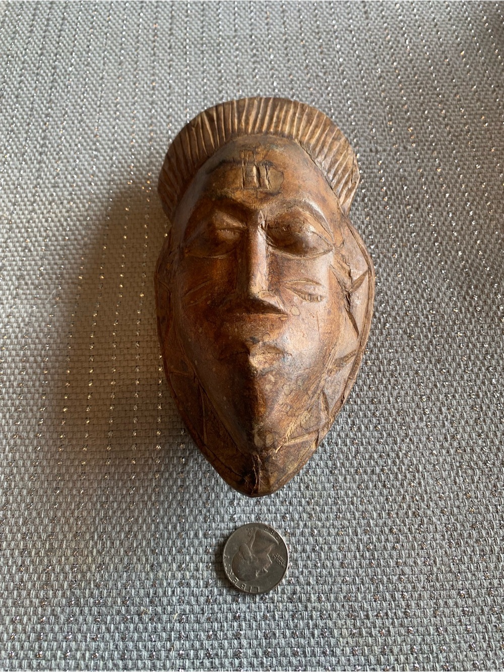Hand-Carved Wooden Mask Sculpture in Rich Brown